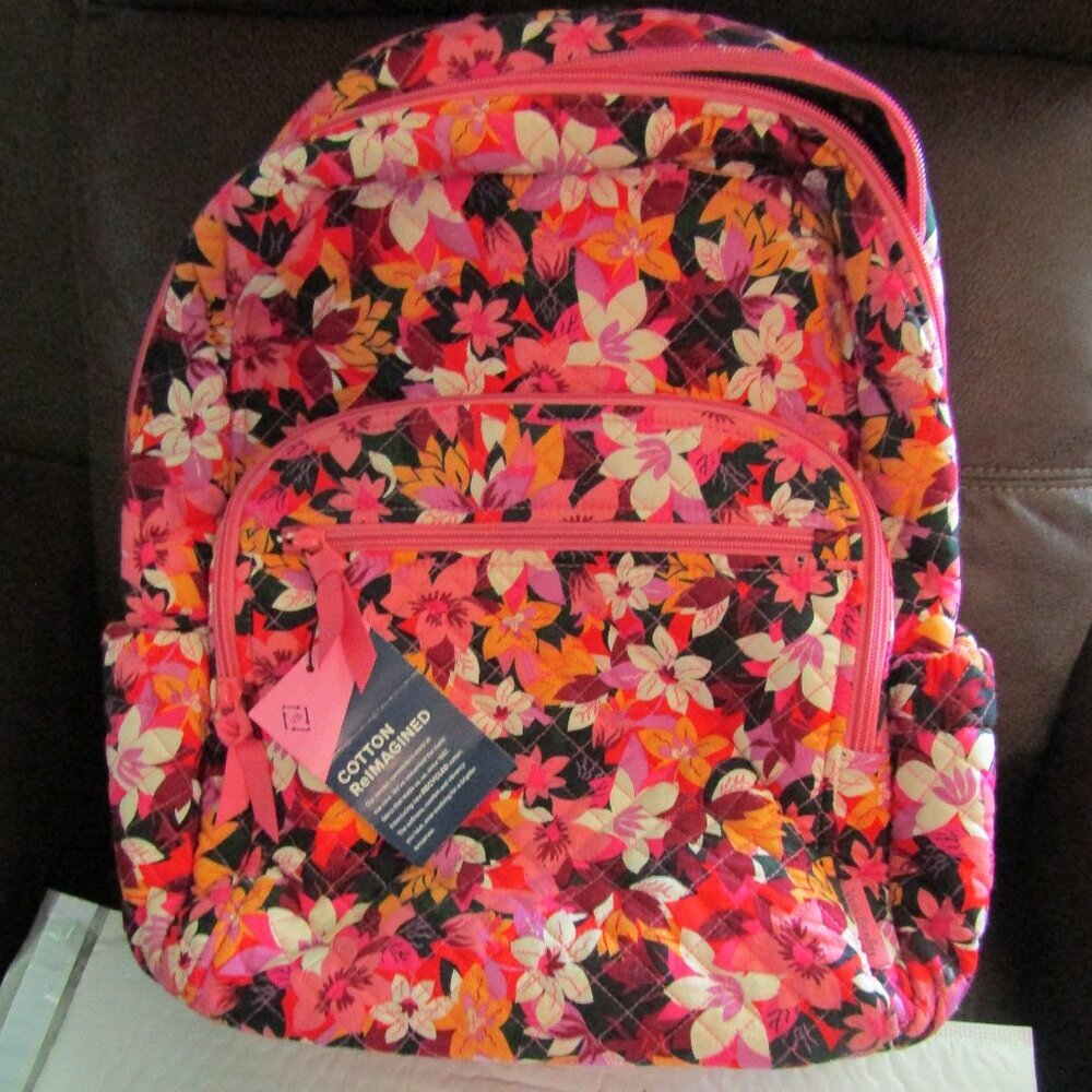New NWT VERA BRADLEY Large Colorful Floral Pattern BACKPACK Orange Pink Black